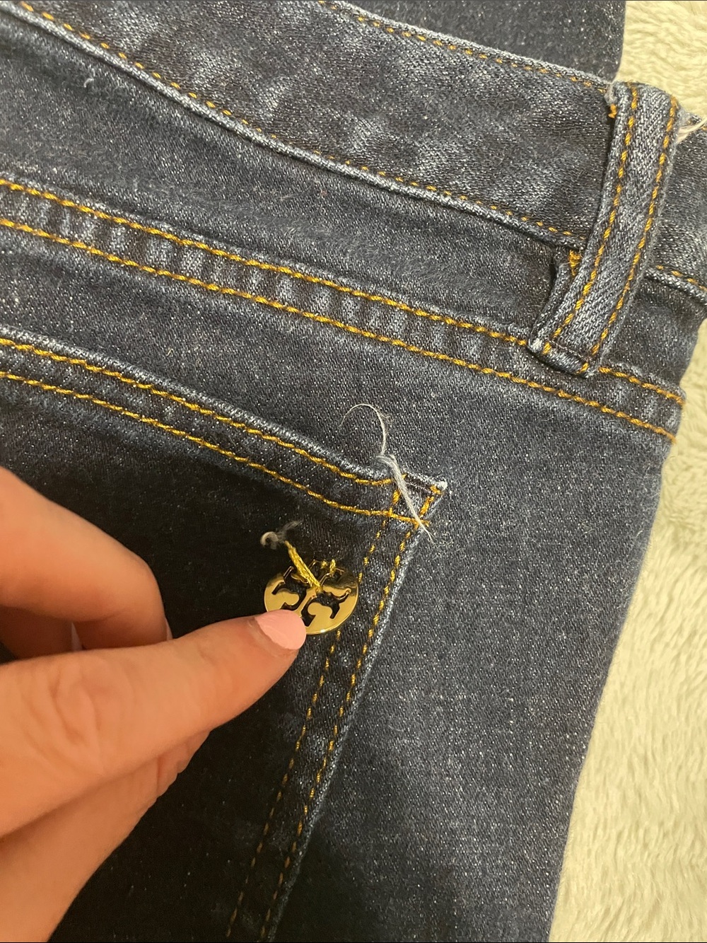 Tory Burch Dark Indigo Straight-Leg Jeans with Gold Button - Picture 5 of 5